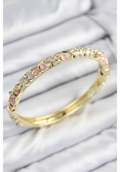 Mineli Pirinç Zirkon Taşlı Pembe Çiçek Motifli Gold Kadın Kelepçe Altın