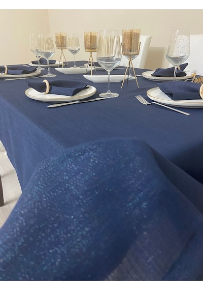 Simli Dertsiz Salon Masa Örtüsü Lacivert 19 Parça