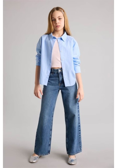 Defacto Poplin Gömlek Kız Çocuk H0578a826smbe216 Mavi-be216