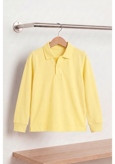 Nacar Store Unisex Çocuk Uzun Kollu Polo Yaka Lakost Okul Tişörtü Açık Sarı