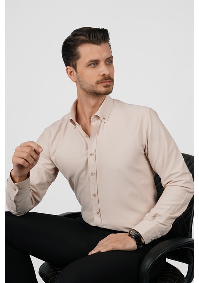 Bej Yaka Düğmeli Premium Şamre Slimfit Erkek Gömlek Bej