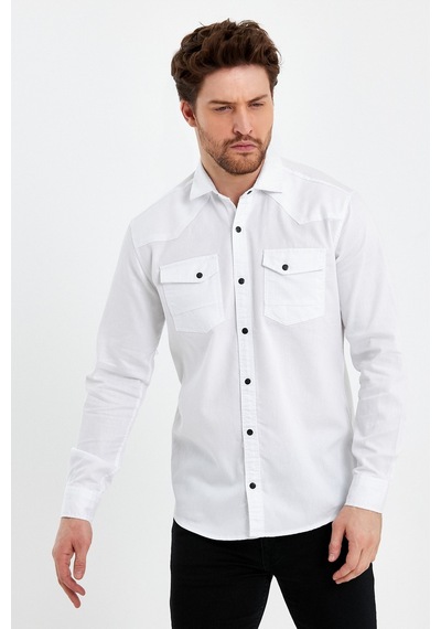 Cool Tarz Erkek Beyaz Çift Cepli Çıt Çıt Düğmeli Slim Fit Kot Gömlek Beyaz Beyaz