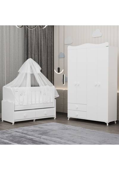 Elegant Beşik Ve Yıldız 4 Kapaklı Dolap Yatak Uykuseti - Beyaz Beyaz