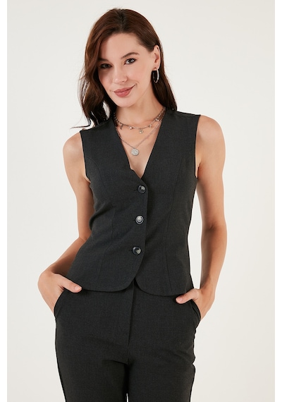 Lela Fitted-Vücuda Oturan Astarlı Klasik Dokuma Bayan Yelek 611Yl030W4 Koyu Gri