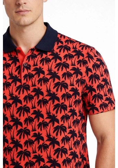 Barlashive Erkek Pike Kumaş Polo Yaka Palmiye Desenli Tişört Kısa Kol Yazlık T-shirt - Kırmızı Çok Renkli