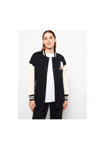 LC Waikiki Lcw Modest Siyah Bomber Yaka Nakışlı Kadın Kolej Ceket