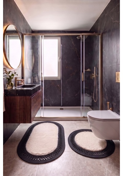 Banyo Paspası Takımı 60x100+60x60 Cm İç Trikot Bej & Siyah Bej - Siyah