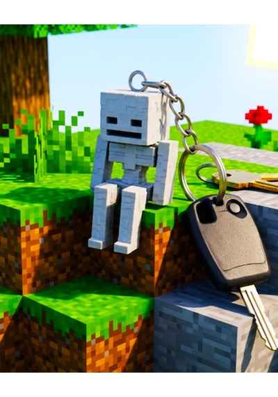 Minecraft İskelet Anahtarlık Hareketli Eklemli Skeleton Figürlü 3d Baskı Anahtarlık Beyaz