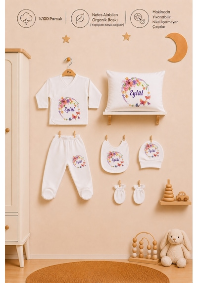Pia Baby Kız Bebek İsme Özel Yastık Kılıfı Ve Zıbın Seti %100 Pamuk 6 Parça İsimli Organik Baskı 2058yz0x Ekru