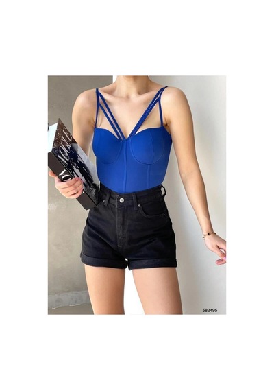Angbutik Kadın İşçilik V Yaka İnce Askılı Krep Kumaş Crop Büstiyer Zümrüt Yeşili