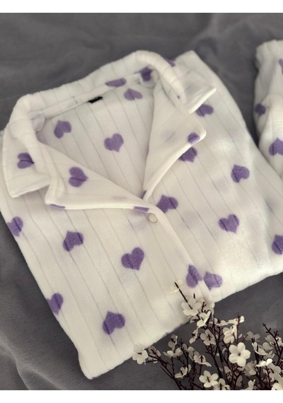 Mh Moony Homewears Yalaza Lila Kalpli Kışlık Termal Polar Kumaş Pijama Takımı Fantastic Lila