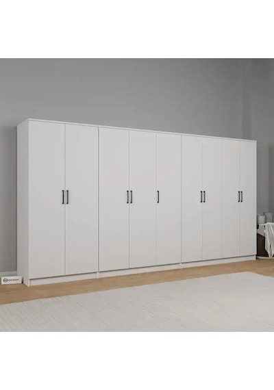 Kardelen Serisi 340 Cm Mat Beyaz 9 Kapılı 14 Raflı Elbise Dolabı - Gardırop Seti Beyaz