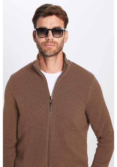 Tudors Erkek Slim Fit Dar Kesim Desenli Yarım Balıkçı Yaka Fermuarlı Kahve Hırka-32614 Kahve Kahverengi