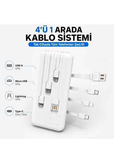 10000 Mah Powerbank 4 Ü 1 Arada Kablolu Taşınabilir Şarj Cihazı Dijital Göstergeli Type-c Micro Usb Lightning Usb-a Uyumlu Beyaz