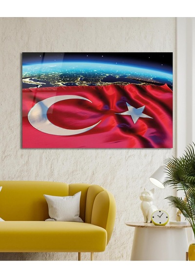 Soyut Türk Bayrağı Cam Tablo Modern Ofis Makam Odası Hediyelik Büyük Tablo Duvar Dekoru