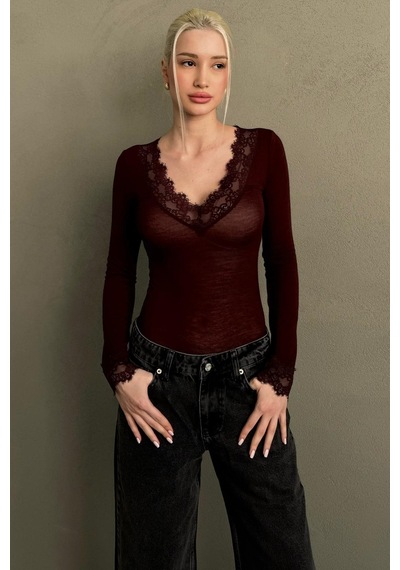 Madmext Bordo V Yaka Dantelli Transparan Kadın Bluz Mg2662 bordo