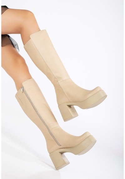 Analin Shoes Kadın Hakiki Deri Kalın Tabanlı Topuklu Çizme Bej