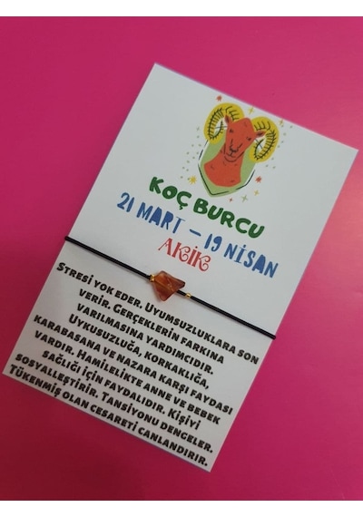 Gümüştel El Sanatları Sertifikalı Koç Burcu Akik Doğal Taşlı Ip Burç Bilekliği Çok Renkli