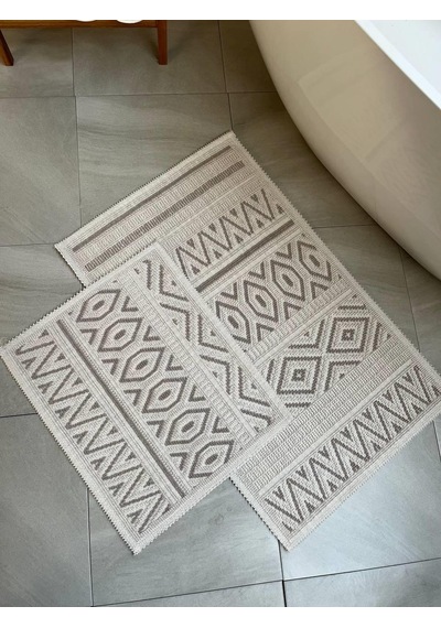 Hat Doğal Pamuklu 2'li Banyo Paspas & Halı Seti 60x100+50x60 Cm - Taş Taş