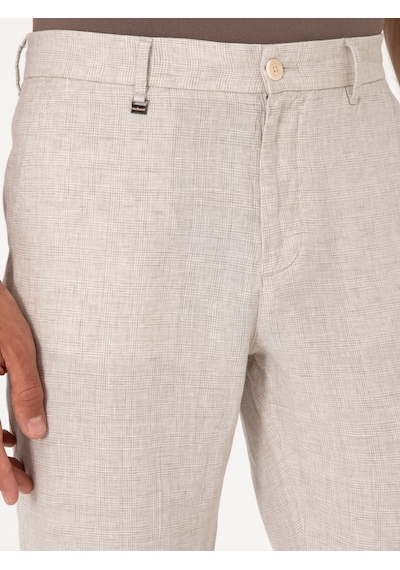 Cacharel Bej Carrot Fit Ekose %100 Keten Spor Pantolon