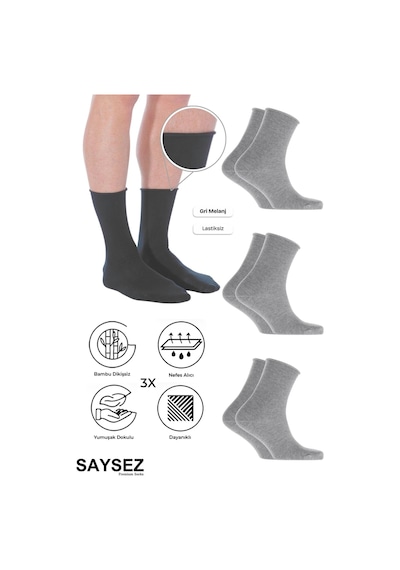 Saysez Bambu Erkek Lastiksiz Gri Soket Dikişsiz Premium Çorap 3'lü Paket / İz Bırakmaz / Sıkmayan Çorap Gri Melanj