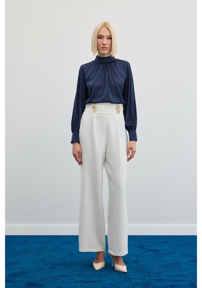 Sateen Bel Aksesuarlı Pantolon - Ekru-136490 Ekru