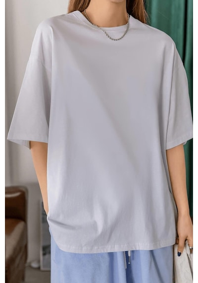 Beyaz Basic Düz Baskısız Oversize Salas Boyfriend Kadın T-Shirt Beyaz