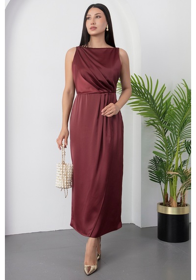 Kalopya Kare Yaka Beli Büzgülü Yırtmaçlı Elbise Yzc25y223 Bordo