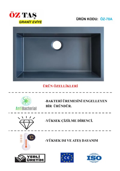 Öztaş ÖZ-78a Granit Mutfak Eviye Antrasit Tek Gözlü 50 x 78 CM