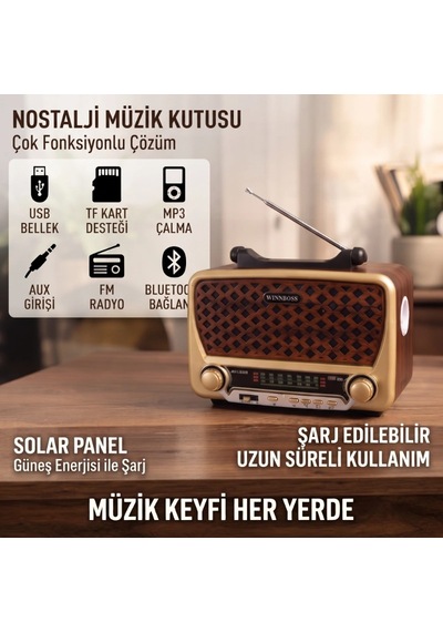 Nostalji Müzik Kutusu - Solar Panelli - Şarjlı - Aux Girişi - Led Fener - Bluetooth Renkli