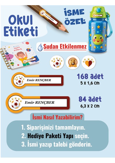 Okul Etiketi Kalem Defter Etiketi Sarı Kırmızı Takım Temalı Özel İsim Yazılabilen Etiket - 252adet