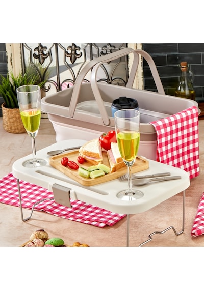 Bigmate Portatif Katlanır Piknik Seti 25lt Silikon Sepetli Masalı Piknik Sepeti Krem