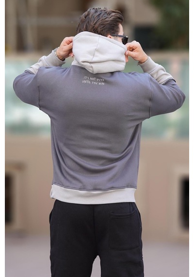 Madmext Füme Kapüşonlu Baskılı Cep Detaylı Erkek Sweatshirt 7083 Füme