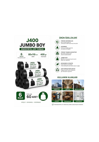 Jumbo Boy Endüstriyel Çöp Poşeti Torbası 80 x 110 CM 6 Rulo 60 Adet 400 G Ağır Hizmet Tipi Kalın Torba