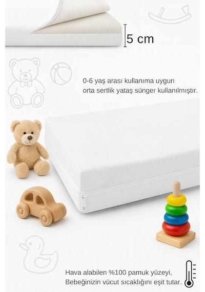 Yatella %100 Organic Cotton Full Ortopedik 5 Cm Kalınlık Bebek Oyun Parkı,park Yatak Ve Beşik Yatağı 45 x 80 CM