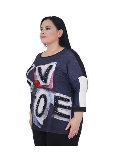 Büyük Beden Çiçek Nakışlı Love Nakışlı Kışlık Oversize Bluz Siyah
