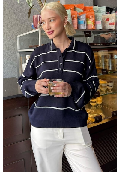 Madmext Lacivert Çizgili Polo Yaka Kadın Triko Kazak Mg2470 Lacivert