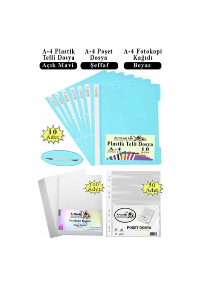 Telli Dosya Plastik A4 10 Lu Poşet Dosya 50 Li A4 Fotokopi Kağıdı 100 Adet 1 Paket Ekonomik Kaliteli Şeffaf Kapak Dosya Açık Mavi
