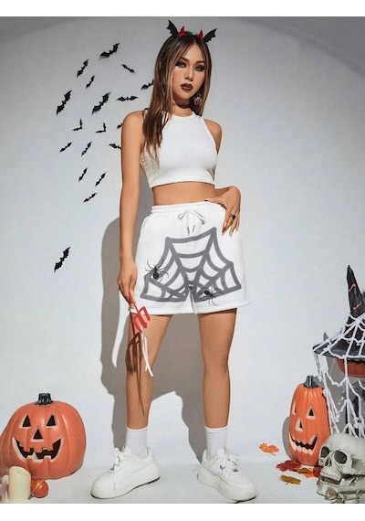 Punk Halloween Spider Web Print Drawstring Waist Şort Beyaz