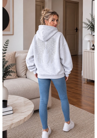 Lima Gri Kadın Kapüşonlu Oversize Sweatshirt Kanguru Cepli Düz Renk Uzun Kollu Sweat