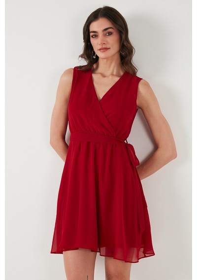 Lela Regular Fit Kruvaze Yaka Bağlama Detaylı Şifon Mini Boy Bayan Elbise 6789075 Kırmızı