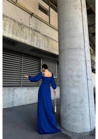 Lior Design Kadın Bohem Saten Kumaş Kare Yaka Maxi Abiye Elbise Saks