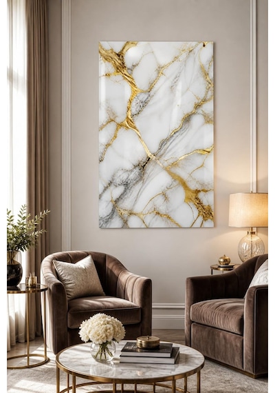 Mermer Gold Desenli Baskılı Cam Tablo Lüks Uv Baskı Dekoratif Duvar Tablosu