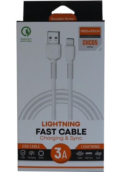 Megatech Chc65 3.0a 1mt Lightning Beyaz Şarj Kablosu