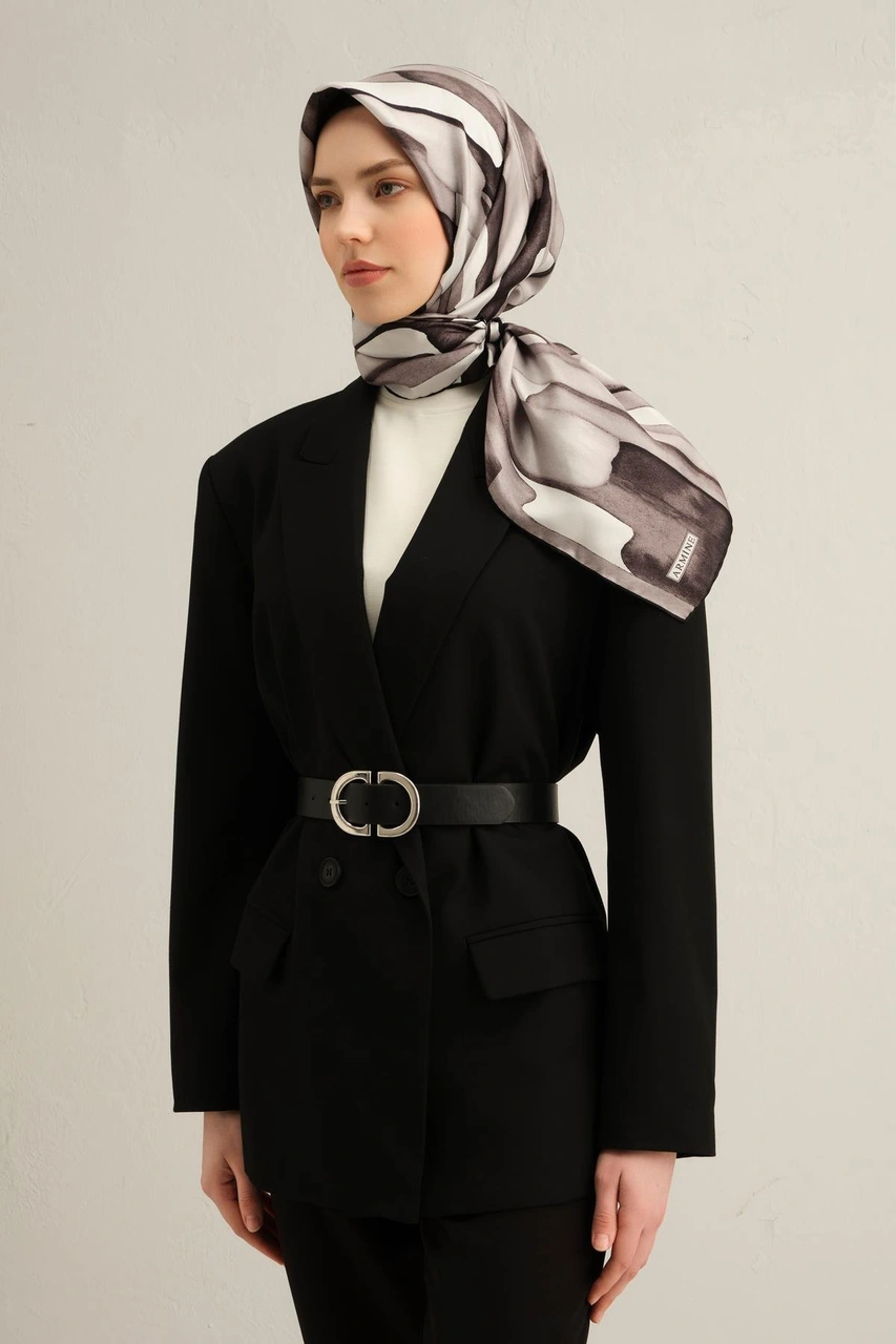 Armine Soyut Desenli Saf İpek Twill Eşarp 9306d 03 KAhverengi