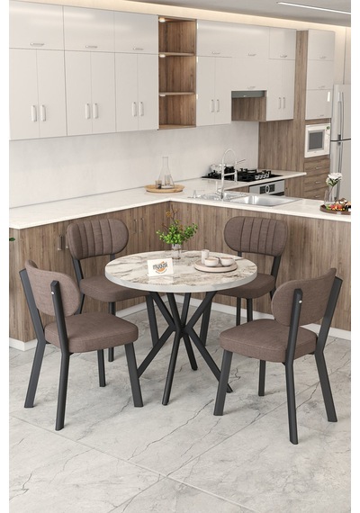 Gnr 90cm Sabit Efes Mutfak Masası Takımı, Yemek Masası, 4 Modern Kahverengi Sandalye Kahverengi