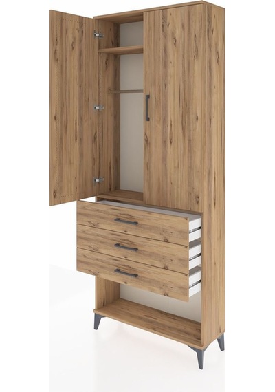 Arges Dolap 2 Raflı 3 Çekmeceli Tek Askılı 88x30x221 Çam-çam Atlas Çam