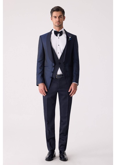 Ysf Erkek Lacivert Yelekli Slim Fit Damatlık
