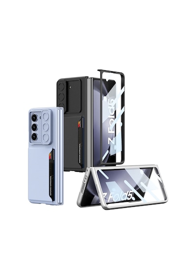 Galaxy Z Fold 5 Suni Deri Arka Yüzey Sürgülü Kamera Korumalı Kartlıklı Kıpta Silikon Kapak
