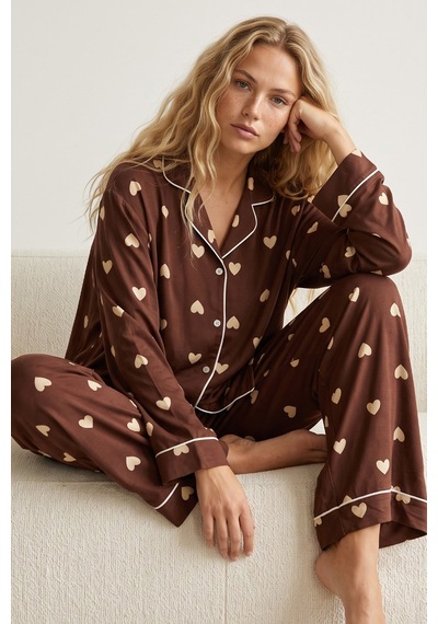 Siyah İnci Düğmeli Biyeli Oversize Pamuklu Örme Pijama Takım 8071 Kahverengi